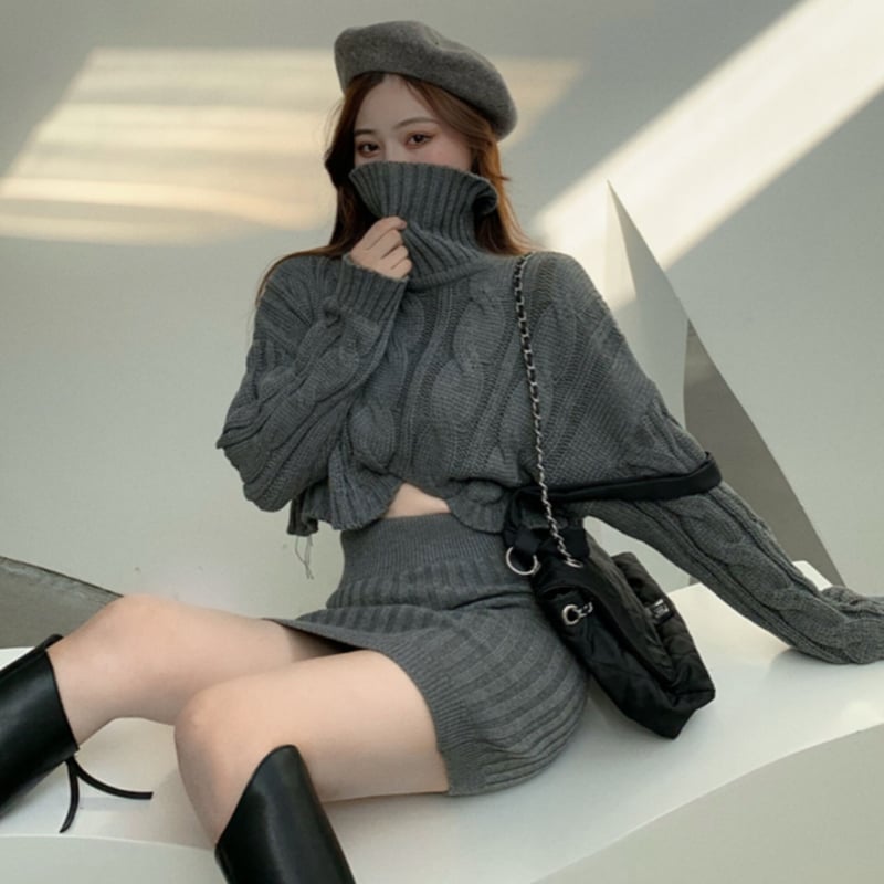 ハイネックドルマンケーブルニット&ミニスカートセットアップ/3色展開