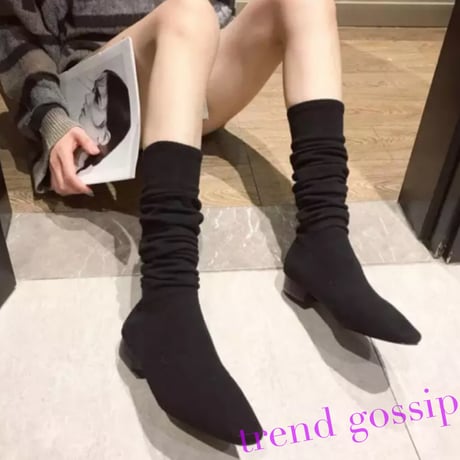 ニーハイスキニーローヒールソックスブーツ/3色展開/22.5～24.5cm/2020AW
