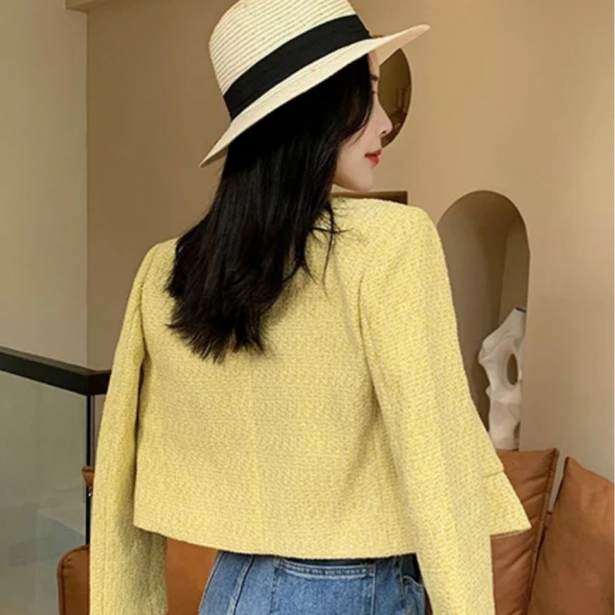 イエローツイードノーカラージャケット/S.M.L/2023SS | trendgossip