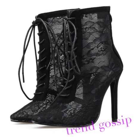 総レースレースアップブラックショートブーツ/靴/22.5～25cm/2020SS