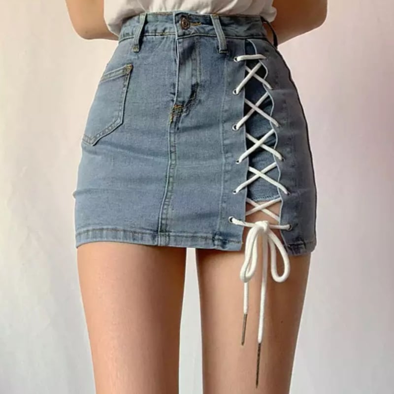 ワンサイドレースアップインナー付きデニムミニスカート/2色展開/S〜XL