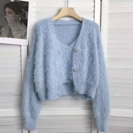 【Pink即納】モヘアファーカーディガン＆キャミアンサンブル/4色展開/ワンサイズ/2023AW