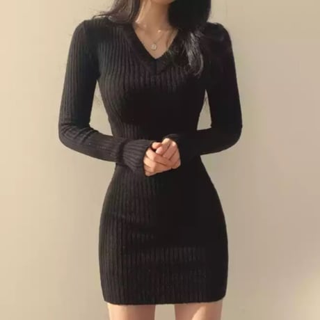 【即納】Vネックシンプルリブニットタイトワンピース/3色展開/ワンサイズ/2022AW