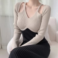 重ね着風バイカラーリブタイトワンピース/2色展開/ワンサイズ/2023AW