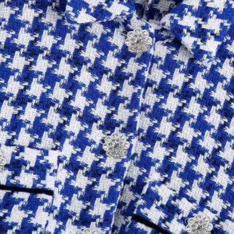 フラワーラインストーンボタンブルーチェックツイードジャケット/XS〜L/2022SS