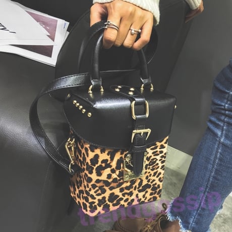 Black×Leopard 2WAY Boxショルダーバッグ/ハンドバッグ/豹柄