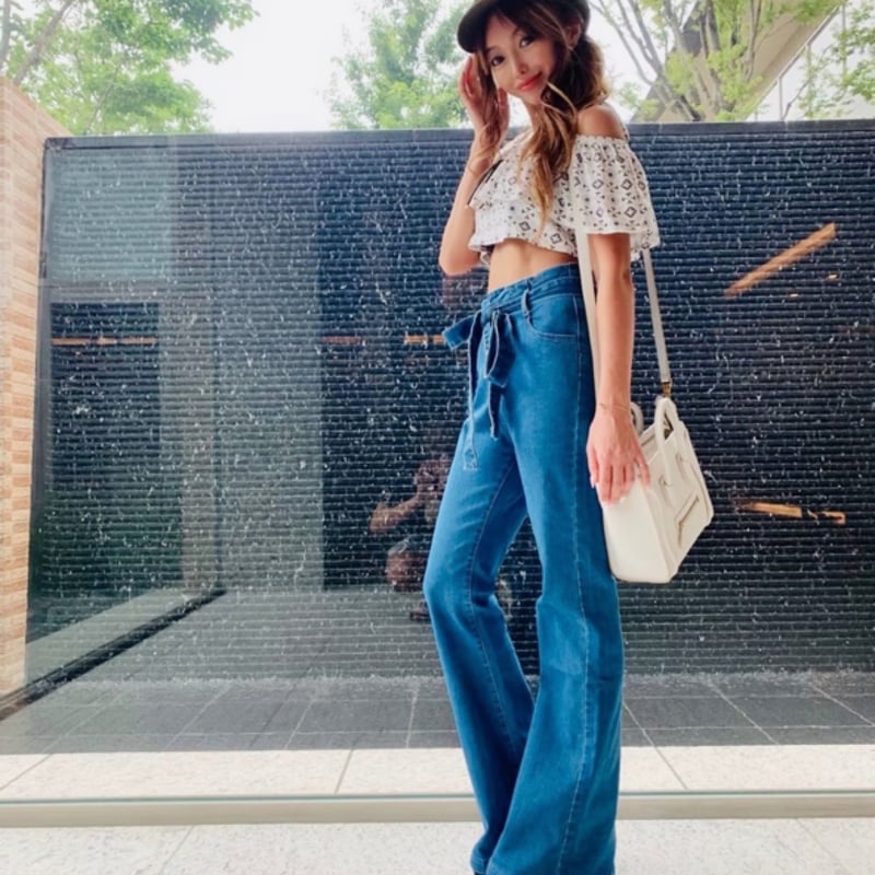 リボンベルトハイウエストフレアジーンズ/デニム/S～XXL | trendgossip