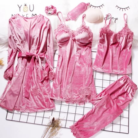 フラワーレースピンクベルベットルームウェア6点セット/ベロア/ガウン/部屋着/セクシー/S～XXL/2019AW