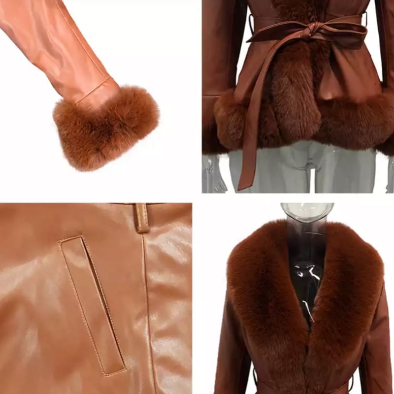 BeigeM即納】ボリュームファー付きフェイクレザーガウンコート/3色