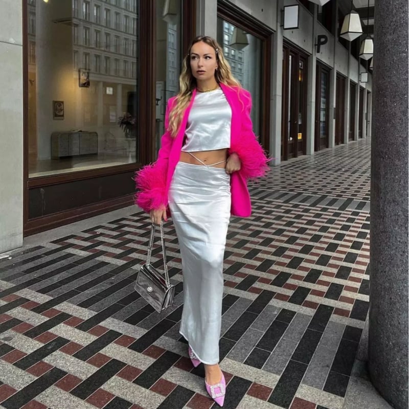 フェザー付きピンクブレザー/セットアップ/XS〜L/2023SS | trendgossip