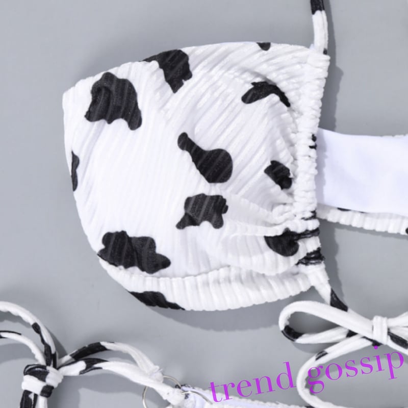 カウ柄フロントレースアップベロアリブビキニ/水着/S.M.L/2021SS