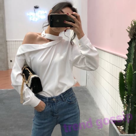 【White即納☆送料無料】チョーカーワンショルスラッシュドネックシャツ/2色展開/2019AW