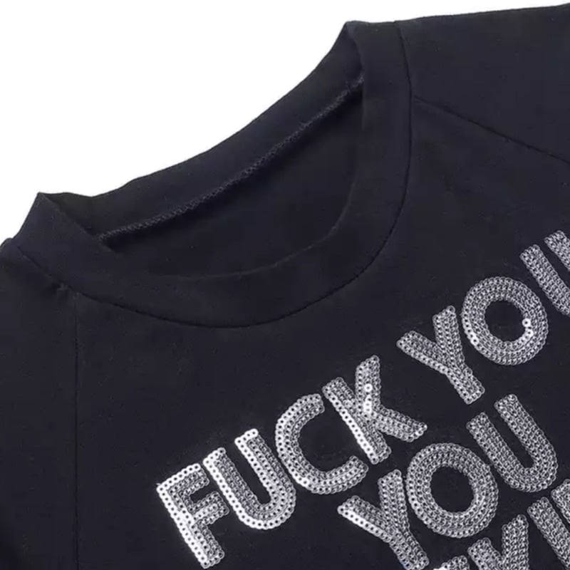 送料無料】海外ガールFUCKYOUスパンコールロゴクロップドTシャツ 送料無料】海外ガールFUCKYOUスパンコールロゴクロップドTシャツ