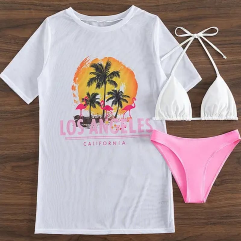 3点ポップ水着セット ピンク花柄ビキニ + シースルー半袖Tシャツ 楽天市場】レディース水着 3点セット フリル 花柄 オフ