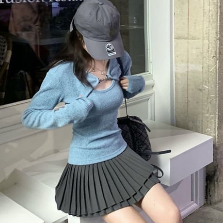 【送料無料】ロングスリーブリブニットボレロ＆キャミソールアンサンブル/2色展開/S〜XL/2023AW