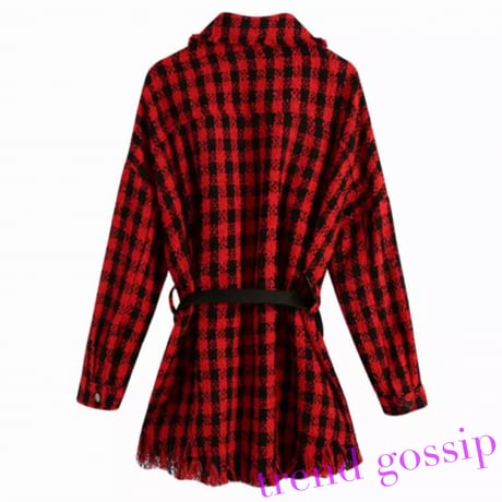 ベルト付きレッドチェックツイードフリンジワンピース/S～ XL/2020AW
