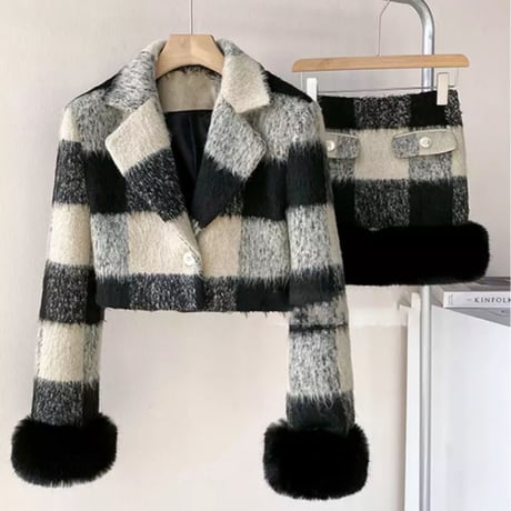 ふわふわファー付き起毛チェック柄ジャケット＆ミニスカートセットアップ/S.M.L/2022AW