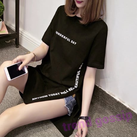 【Black XL、White L即納☆送料無料】wonderfuldayロゴスリットTシャツワンピース/2色展開/M～XXL