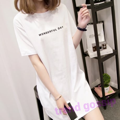 【Black XL、White L即納☆送料無料】wonderfuldayロゴスリットTシャツワンピース/2色展開/M～XXL