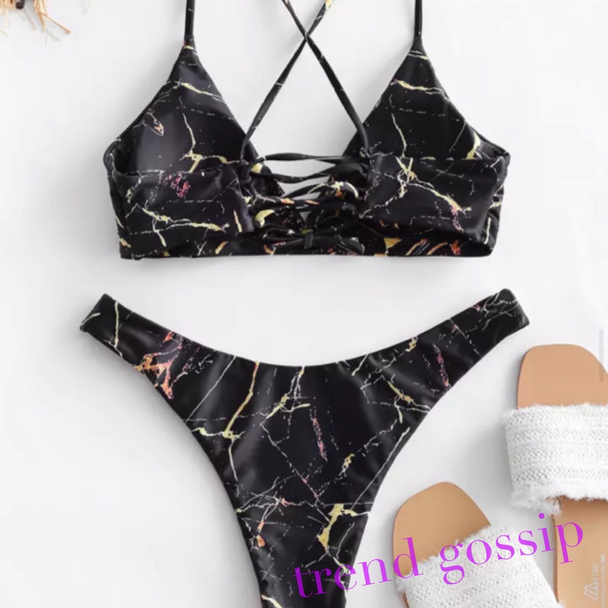 大理石柄バックレースアップブラジリアンビキニ/3色展開/S.M.L/2020SS