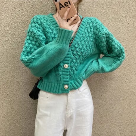 ワッフル鍵編みパールボタンニットカーディガン/4色展開/S.M.L/2023SS
