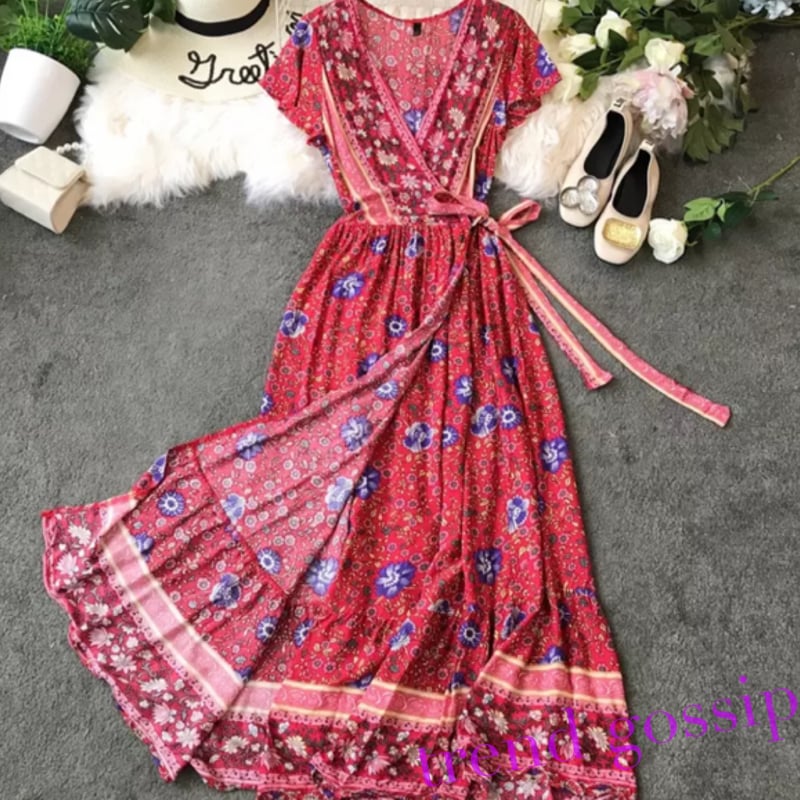ボヘミアンカシュクールリゾートマキシワンピース/4色展開/S～XL