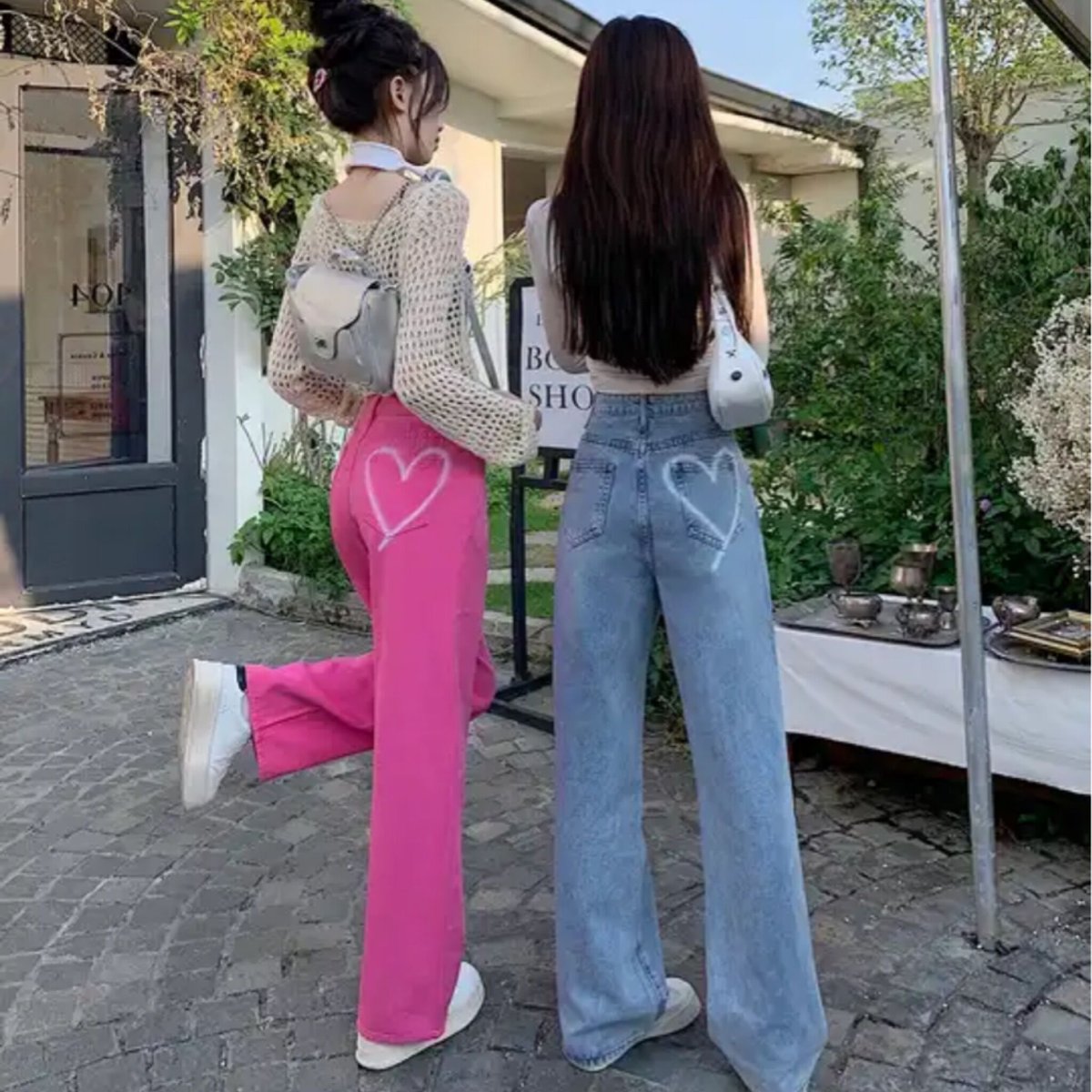 バックワンポイントハートペイントデニムワイドパンツ/2色展開/S〜XL 