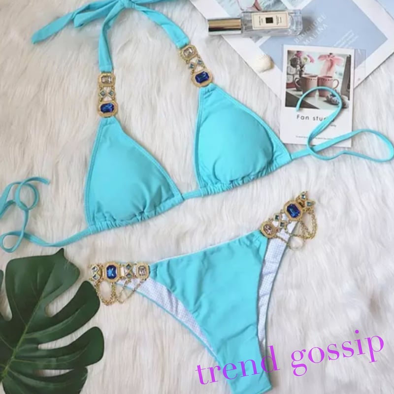 Black 即納】ゴージャスストーン&チェーンセクシービキニ/水着/7色展開