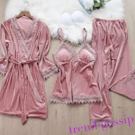 クロシェレースリブベルベットルームウェア3ピースセット/部屋着/4色展開/M.L.XL/2020AW