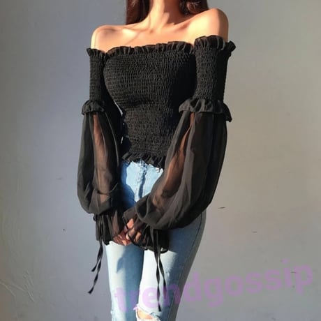【即納☆送料無料】ハーフチュールスリーブオフショルギャザーTOPS/3色展開/ONESIZE/SS