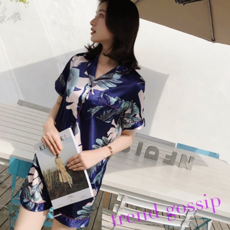 【送料無料】リーフ柄半袖パジャマ/ルームウェア/2色展開/M.L.XL/2020SS