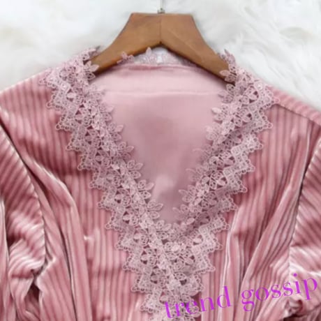 クロシェレースリブベルベットルームウェア3ピースセット/部屋着/4色展開/M.L.XL/2020AW