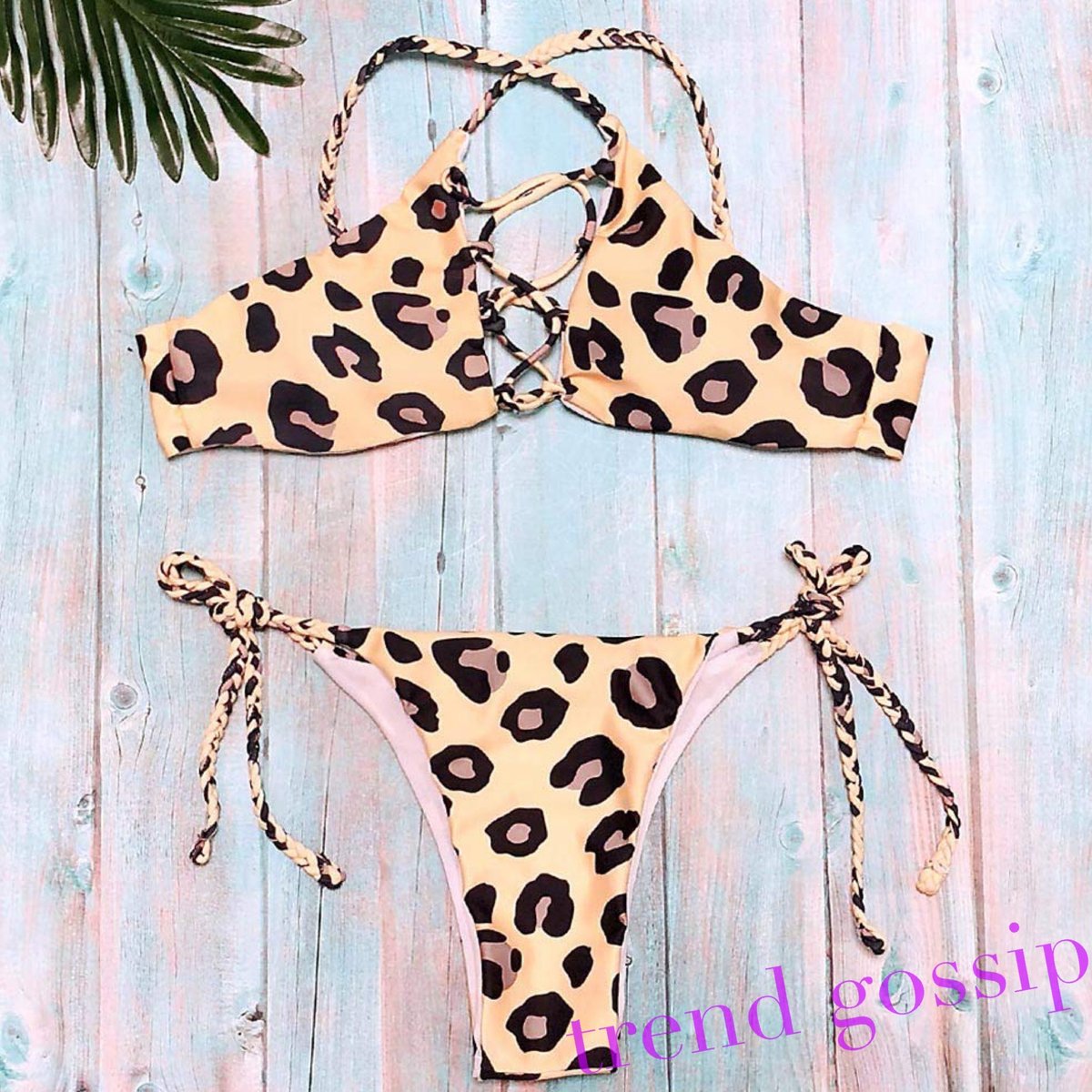 即納】フロントレースアップレオパードブラジリアンビキニ/S～XL/水着