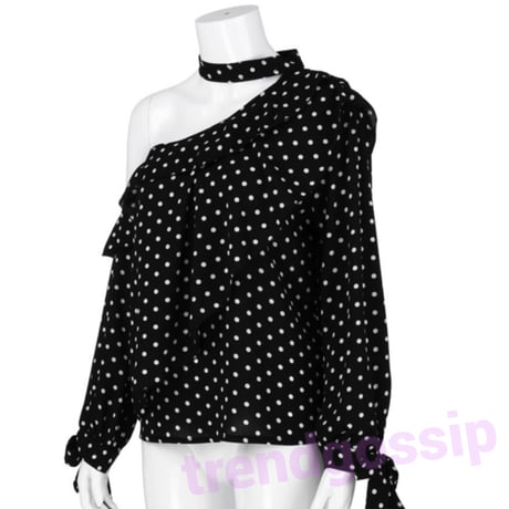 【即納】ワンショルドットチョーカーブラウス/S～XL/Black/SS