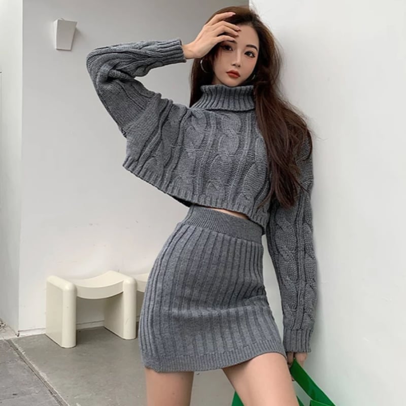 ハイネックドルマンケーブルニット&ミニスカートセットアップ/3色展開