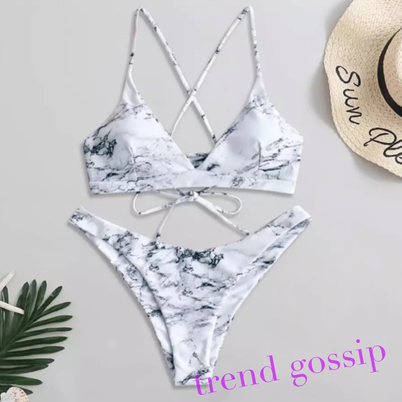 大理石柄バックレースアップブラジリアンビキニ/3色展開/S.M.L/2020SS