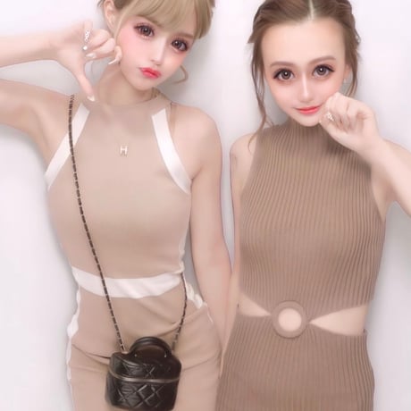 【即納】ハイネックホワイトラインリブタイトドレス/ワンピース/ワンサイズ/2020SS