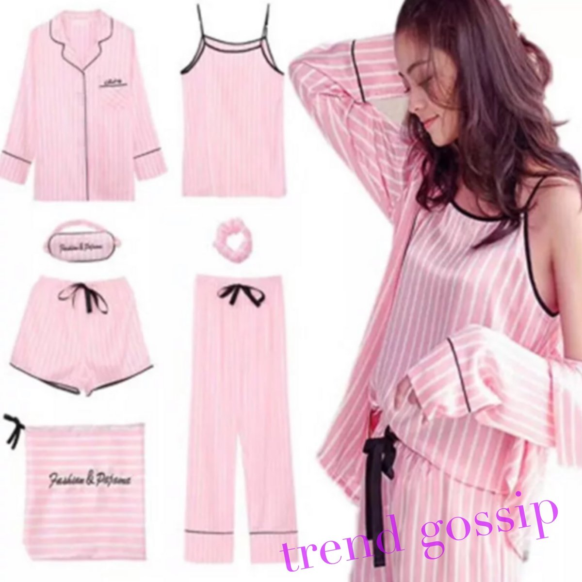 COEL ピンク ストライプ サテン パジャマ セット ピンクストライプサテン7ピースセットルームウェア/パジャマ