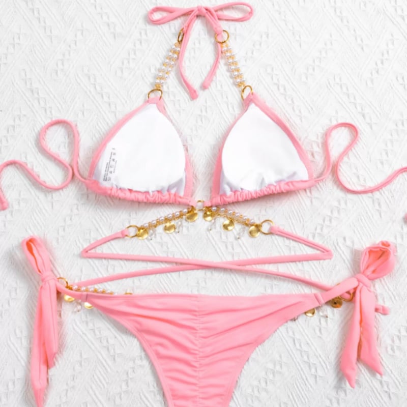 ■新品■PINK(ピンク)シャインショルダーラッフルビキニセット XS Amazon.co.jp: セクシー ビキニ ピンクの ストラッピー ビニール 水着