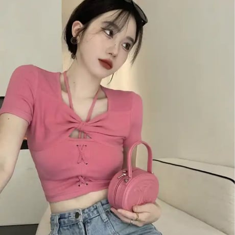 レースアップハイネックストラップリブクロップドトップス/2色展開/S〜XXL/2023SS