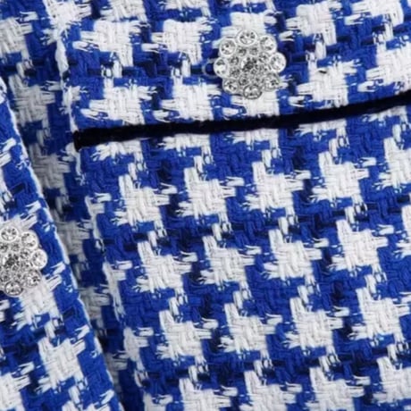 フラワーラインストーンボタンブルーチェックツイードジャケット/XS〜L/2022SS