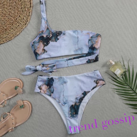 【M即納】大理石柄ワンショルダーワンサイドリボンビキニ/水着/S〜XL/2021SS