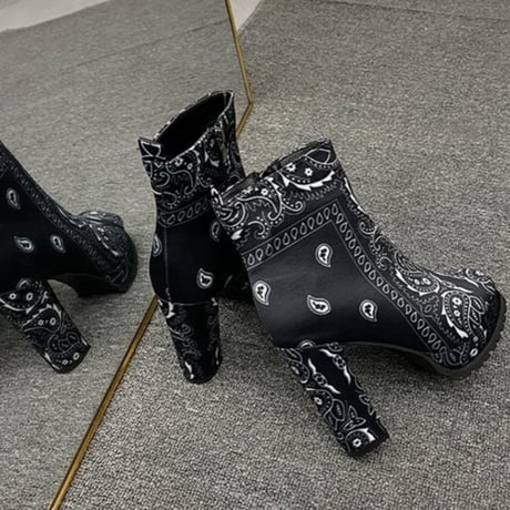 ペイズリー柄オープントゥチャンキーヒールショートブーツ/3色展開/22.5～26cm/2021SS