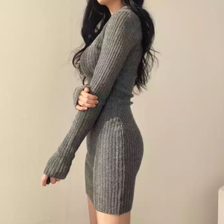 【即納】Vネックシンプルリブニットタイトワンピース/3色展開/ワンサイズ/2022AW