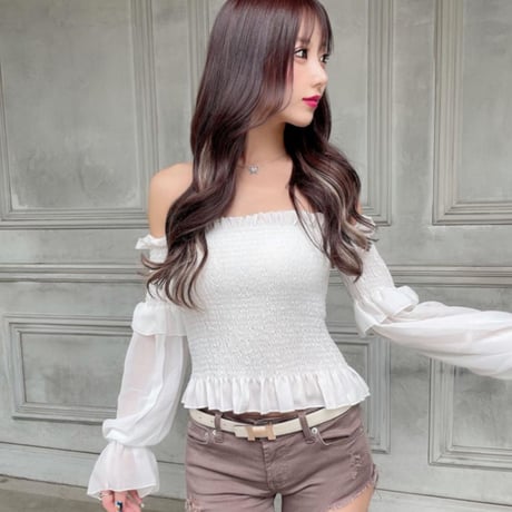 【即納☆送料無料】ハーフチュールスリーブオフショルギャザーTOPS/3色展開/ONESIZE/SS