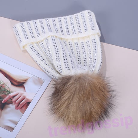 【送料無料】ファーボンボンラインストーンニット帽/帽子/2色展開