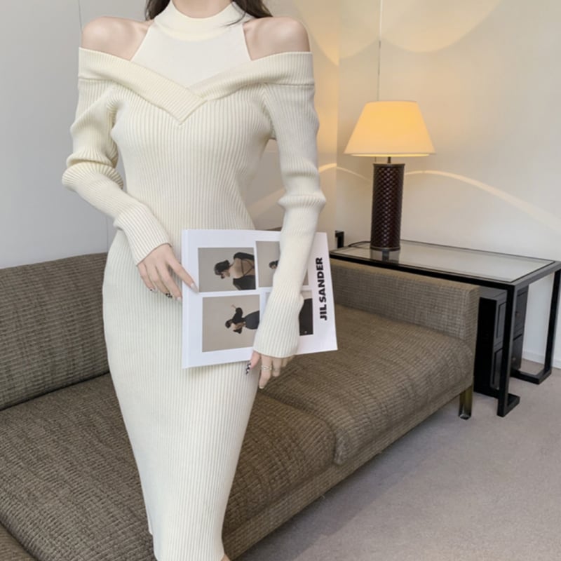 ハイネックオフショルタイトリブニットワンピース/2色展開/S.M.L