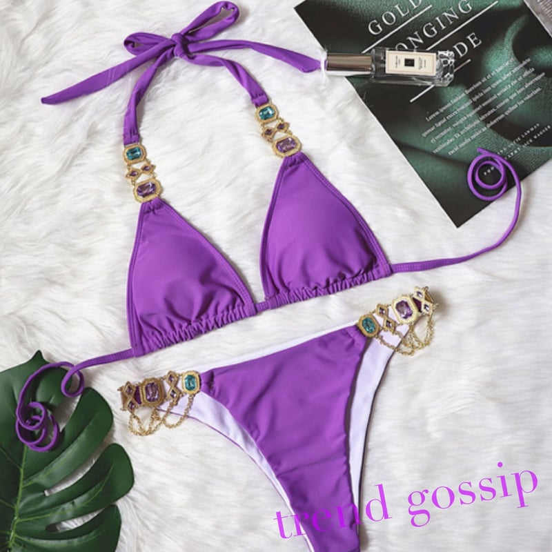 Black 即納】ゴージャスストーン&チェーンセクシービキニ/水着/7色展開