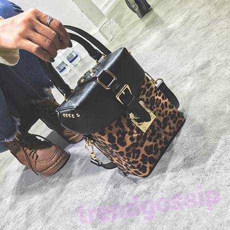 Black×Leopard 2WAY Boxショルダーバッグ/ハンドバッグ/豹柄