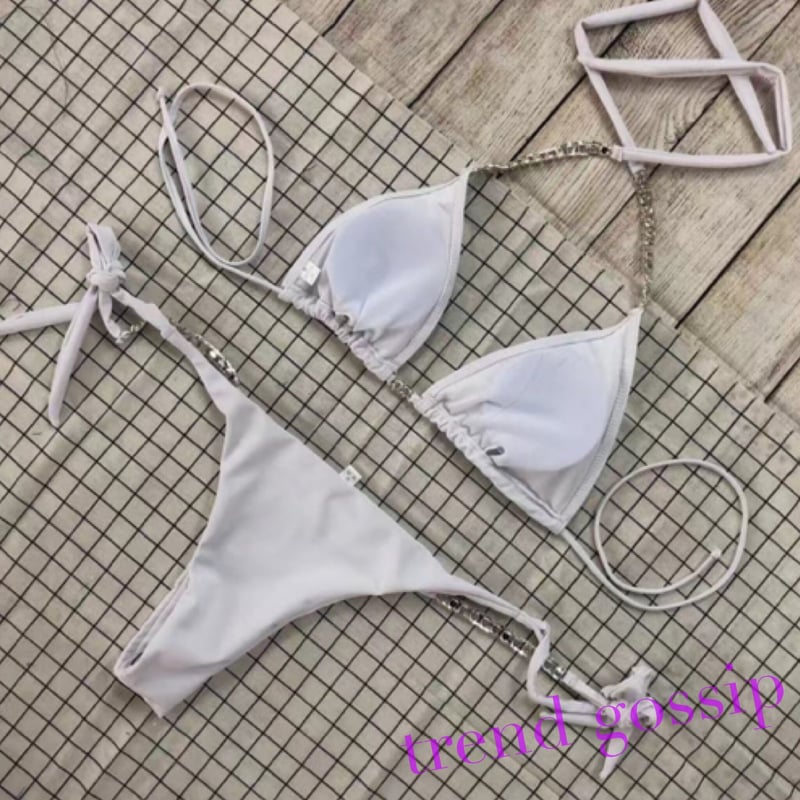 ラインストーンストラップ三角ビキニ/水着/4色展開/S〜XL/2021SS